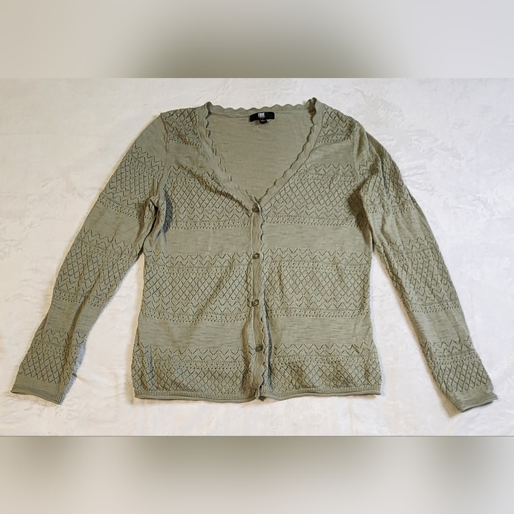 Frye Pointelle‎ Knit Button-Up Cardigan, Scalloped Neckline, Green, EUC, Size M